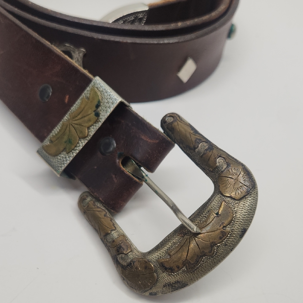 Vintage Brown Leather Belt with Ornate Brass-Tone Floral Buckle